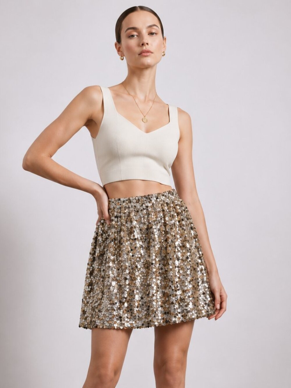 Joe Fresh Silver Gold Sequin Elastic Waist Mini Skirt
